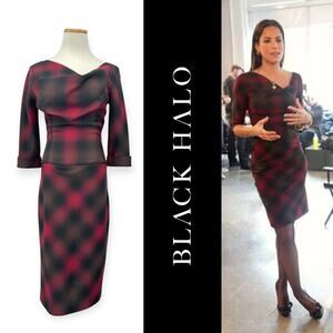 Black Halo | 4 / S | Jackie Plaid Print Cowl Neck 3/4 Sleeve Midi Sheath Dress